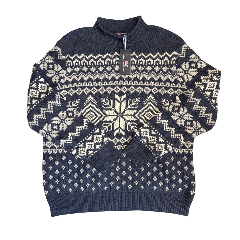 Vineyard Vines Chunky Snowflake Roll Neck Sweater Nautical Navy 1E001604-480 L
